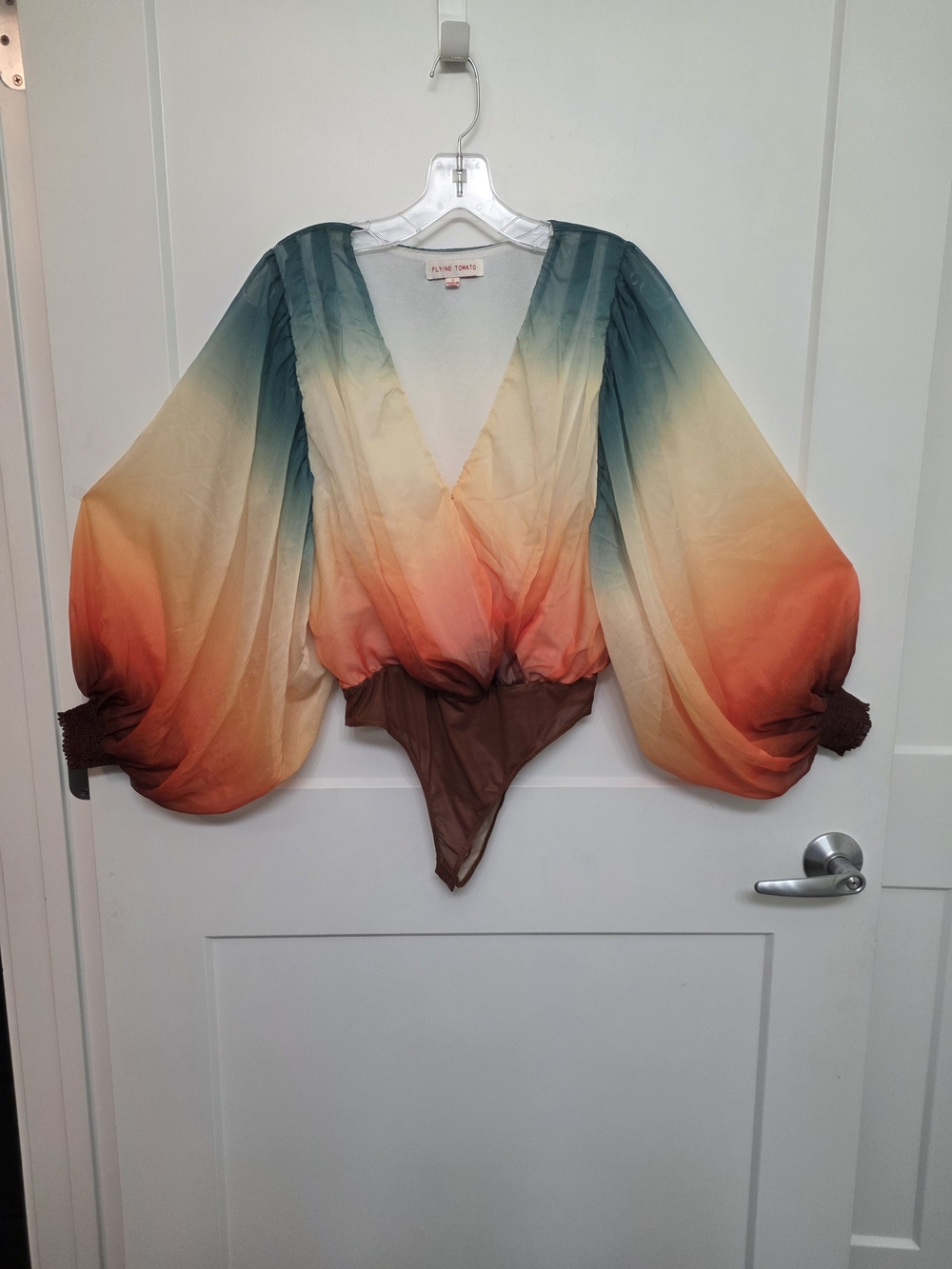 Flying Tomato Ombre Balloon Sleeve Bodysuit in Teal, Cream & Orange